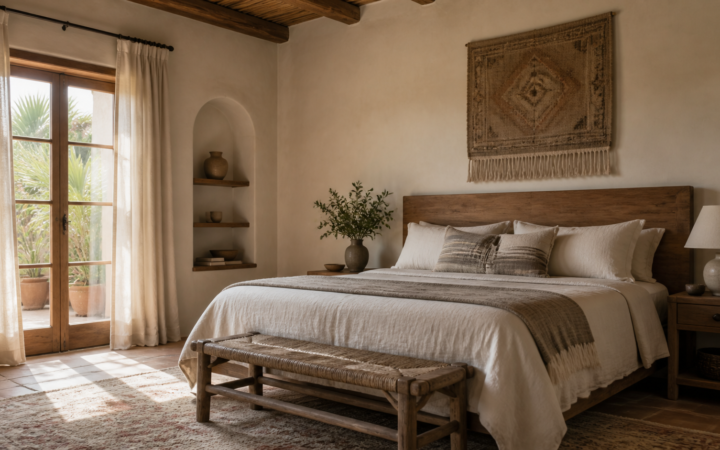 Habitación ordenada con ropa de cama neutra, cortinas ligeras y un tapete que delimita la zona de descanso.