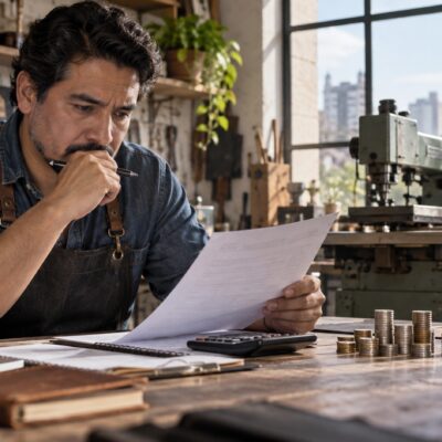 Ilustración de un pequeño empresario que revisa un crédito y calcula el costo de comprar equipo.