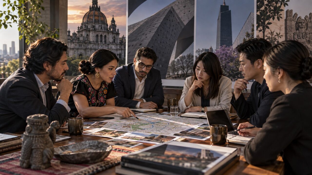 Ilustración de profesionales mexicanos y japoneses que revisan un itinerario turístico en una mesa de trabajo.