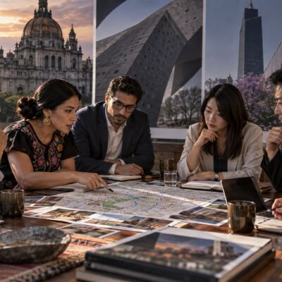 Ilustración de profesionales mexicanos y japoneses que revisan un itinerario turístico en una mesa de trabajo.
