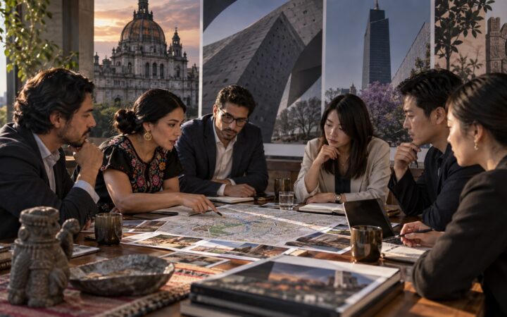 Ilustración de profesionales mexicanos y japoneses que revisan un itinerario turístico en una mesa de trabajo.