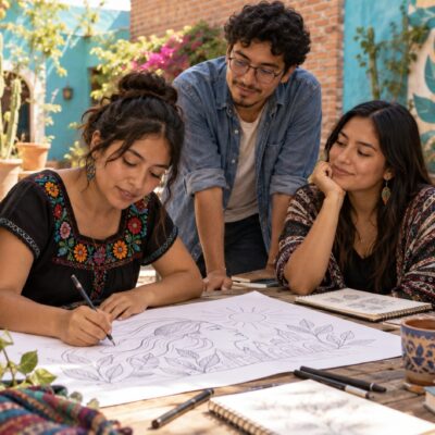 Ilustración editorial de jóvenes adultos mexicanos dialogando sobre asuntos comunitarios en un espacio cultural.