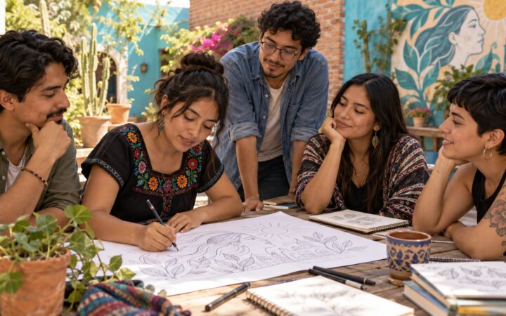 Ilustración editorial de jóvenes adultos mexicanos dialogando sobre asuntos comunitarios en un espacio cultural.