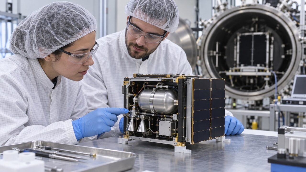 Ilustración editorial de ingenieros revisando un pequeño satélite y su sistema compacto de propulsión en un laboratorio.