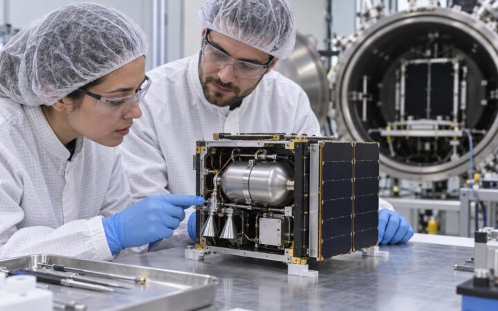 Ilustración editorial de ingenieros revisando un pequeño satélite y su sistema compacto de propulsión en un laboratorio.