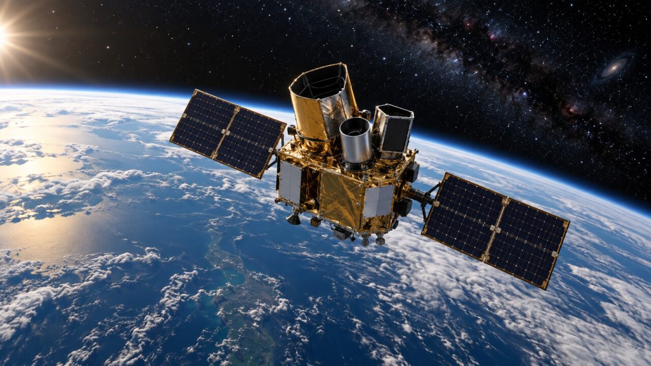 Ilustración editorial de un observatorio espacial sobre la curvatura terrestre, alusiva a la recuperación científica de Swift.