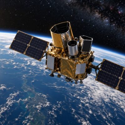 Ilustración editorial de un observatorio espacial sobre la curvatura terrestre, alusiva a la recuperación científica de Swift.