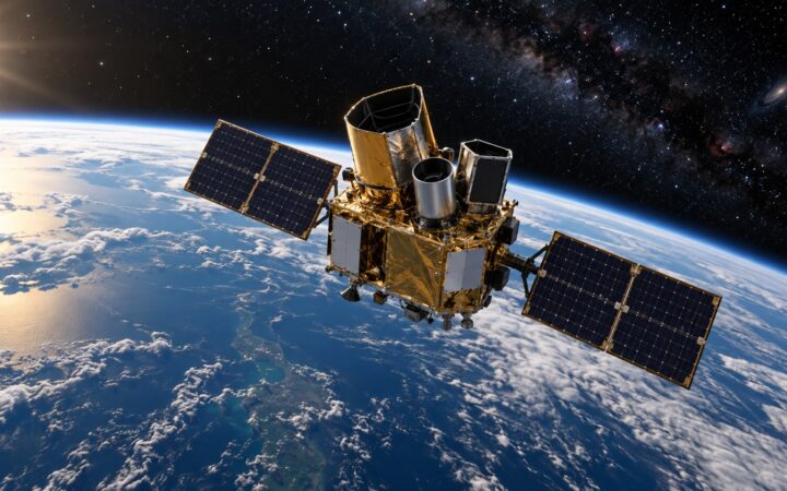 Ilustración editorial de un observatorio espacial sobre la curvatura terrestre, alusiva a la recuperación científica de Swift.