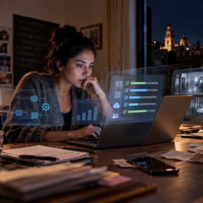 Ilustración conceptual de una usuaria que revisa tareas automatizadas en una computadora durante la noche.