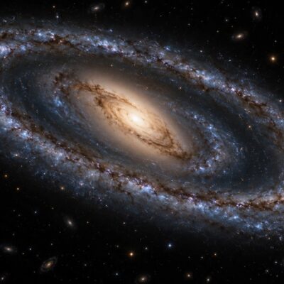 Ilustración editorial de una galaxia espiral con brazos externos y una región central alargada de orientación diferente.