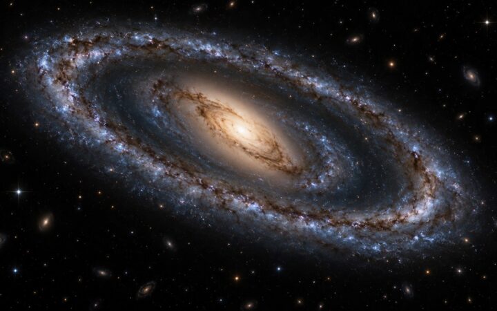 Ilustración editorial de una galaxia espiral con brazos externos y una región central alargada de orientación diferente.