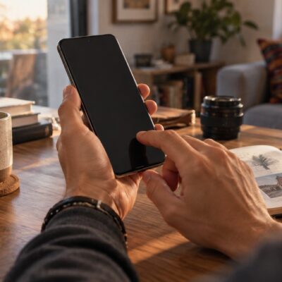 Ilustración de unas manos que usan un teléfono genérico sobre un escritorio; no representa el producto Motorola anunciado.