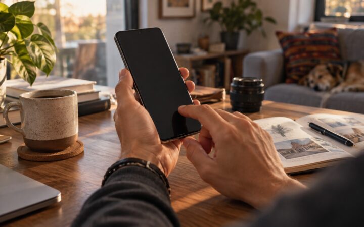 Ilustración de unas manos que usan un teléfono genérico sobre un escritorio; no representa el producto Motorola anunciado.
