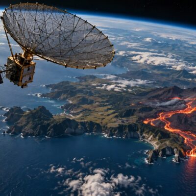 Ilustración científica de un satélite de radar sobre la Tierra y una región volcánica; no son datos reales de NISAR.