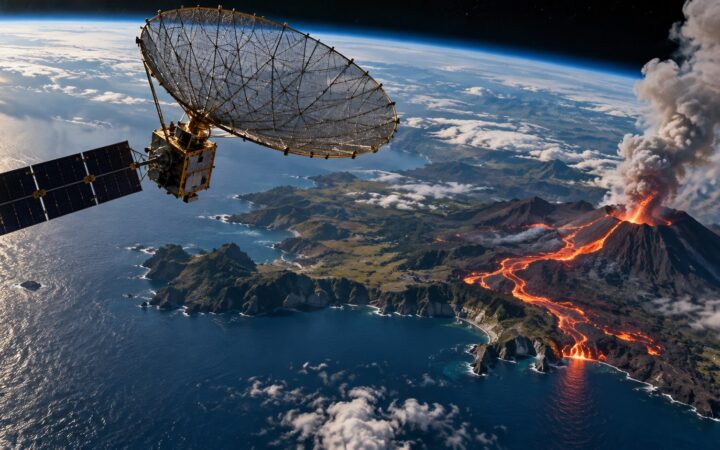 Ilustración científica de un satélite de radar sobre la Tierra y una región volcánica; no son datos reales de NISAR.