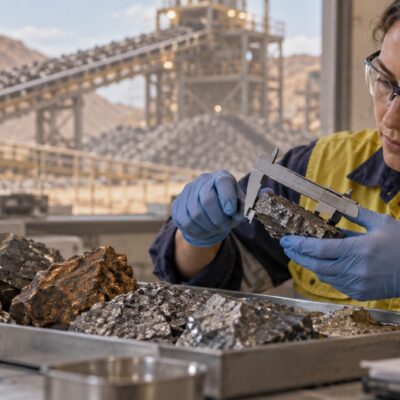 Ilustración de una técnica examinando muestras minerales en un laboratorio junto a instalaciones industriales.