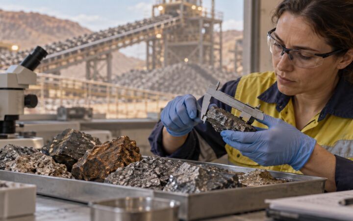 Ilustración de una técnica examinando muestras minerales en un laboratorio junto a instalaciones industriales.
