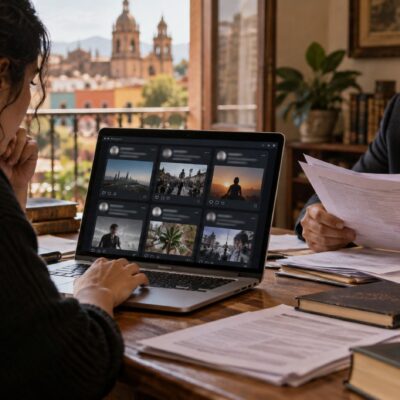 Ilustración de revisión de publicaciones anónimas en una computadora junto a documentos de análisis jurídico.