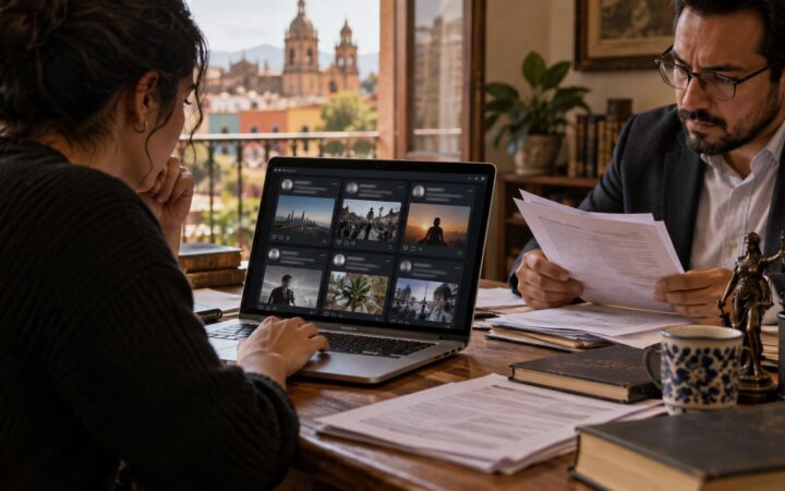 Ilustración de revisión de publicaciones anónimas en una computadora junto a documentos de análisis jurídico.