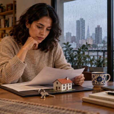 Ilustración de una persona que revisa una carpeta de seguro junto a la ventana de una vivienda durante una lluvia.