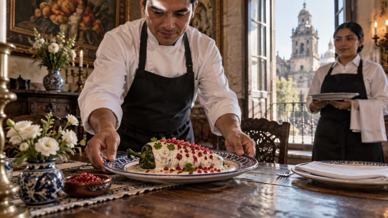 Ilustración de un cocinero que presenta un chile en nogada en un restaurante; no corresponde a la premiación ni a un establecimiento participante.