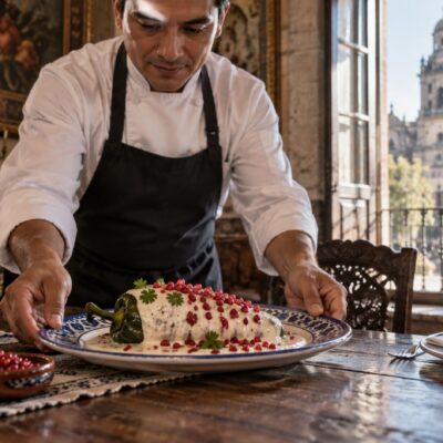 Ilustración de un cocinero que presenta un chile en nogada en un restaurante; no corresponde a la premiación ni a un establecimiento participante.