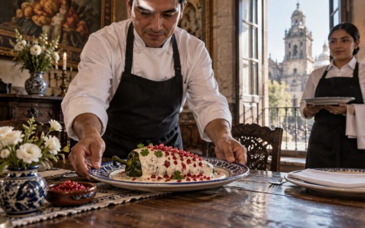 Ilustración de un cocinero que presenta un chile en nogada en un restaurante; no corresponde a la premiación ni a un establecimiento participante.