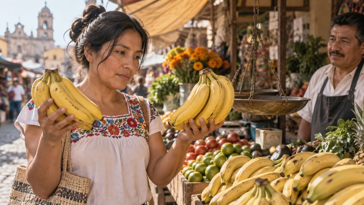 Ilustración de una persona que compara plátanos en un puesto de mercado, sin precios inventados en los letreros.