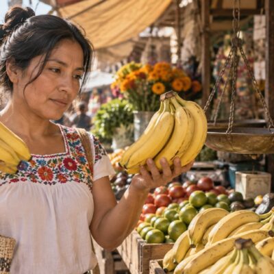 Ilustración de una persona que compara plátanos en un puesto de mercado, sin precios inventados en los letreros.