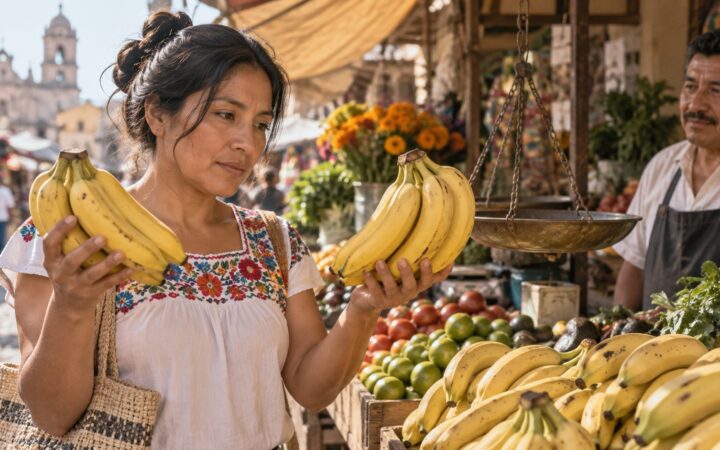 Ilustración de una persona que compara plátanos en un puesto de mercado, sin precios inventados en los letreros.