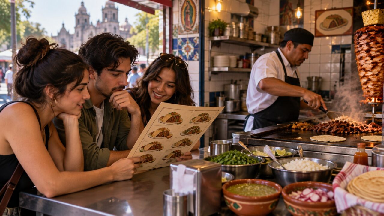 Ilustración de comensales consultando un menú en una taquería mientras un cocinero prepara alimentos.