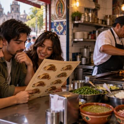 Ilustración de comensales consultando un menú en una taquería mientras un cocinero prepara alimentos.
