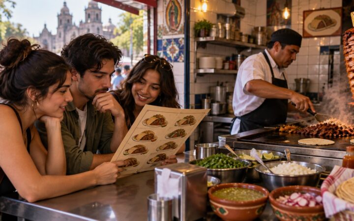 Ilustración de comensales consultando un menú en una taquería mientras un cocinero prepara alimentos.