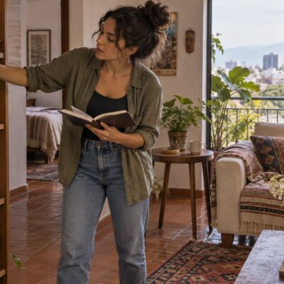 Ilustración de una mujer reorganizando muebles y estantes en un departamento pequeño.