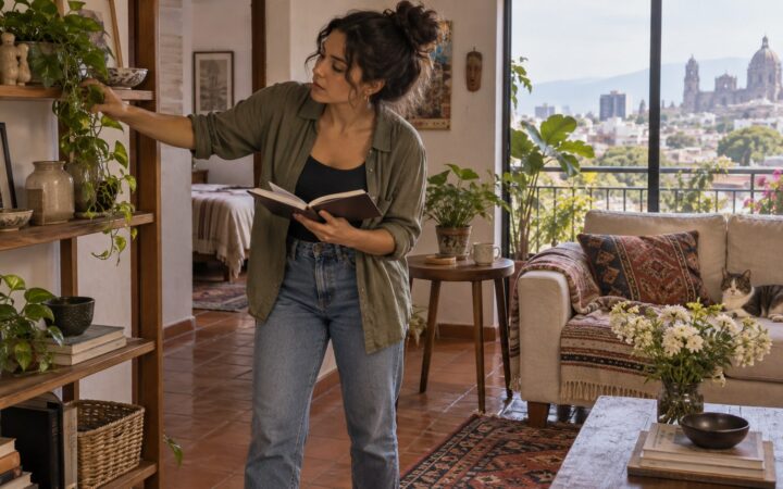 Ilustración de una mujer reorganizando muebles y estantes en un departamento pequeño.