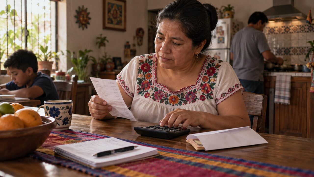 Ilustración de una familia que compara un recibo de transferencia y una calculadora; no contiene cifras ni datos bancarios reales.