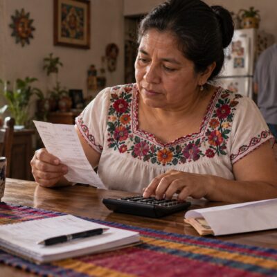 Ilustración de una familia que compara un recibo de transferencia y una calculadora; no contiene cifras ni datos bancarios reales.