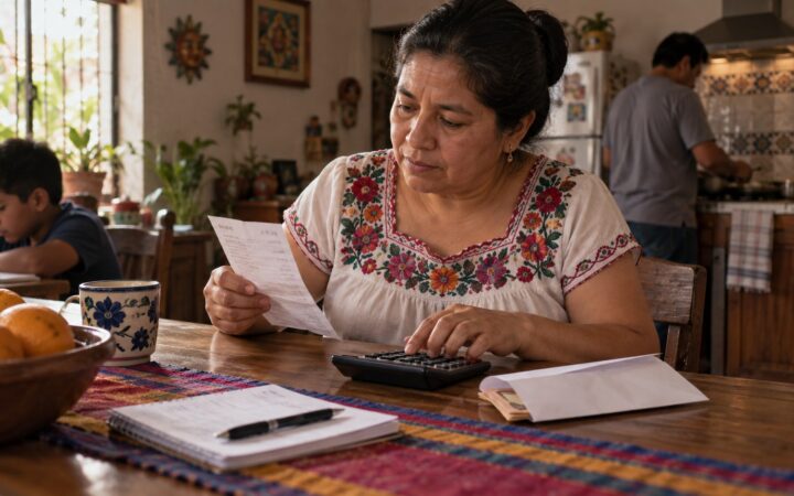 Ilustración de una familia que compara un recibo de transferencia y una calculadora; no contiene cifras ni datos bancarios reales.