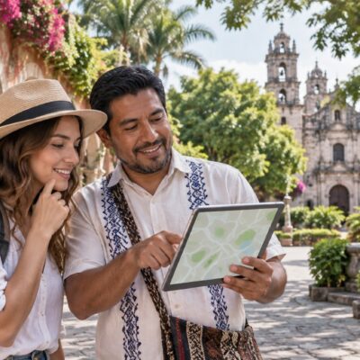 Ilustración de una visitante y un guía consultando una tableta en una plaza arbolada.