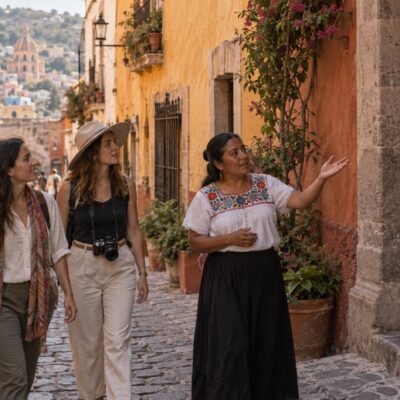 Ilustración de visitantes y una artesana en una localidad de Guanajuato; no reproduce un recorrido contratado ni un establecimiento real.