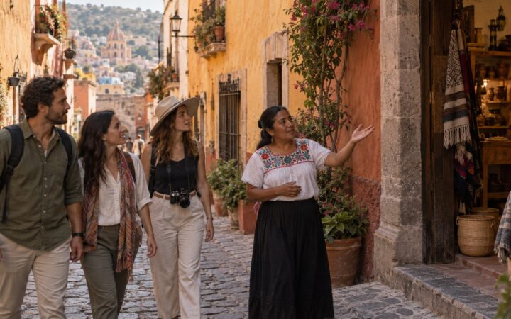 Ilustración de visitantes y una artesana en una localidad de Guanajuato; no reproduce un recorrido contratado ni un establecimiento real.