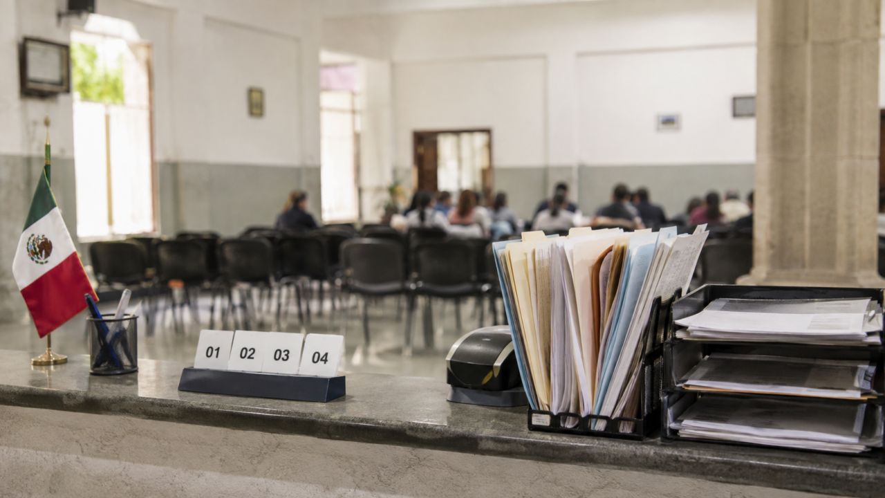 Mostrador de atención pública con documentos, turnos numerados y una sala comunitaria al fondo, imagen editorial sobre gobernabilidad.