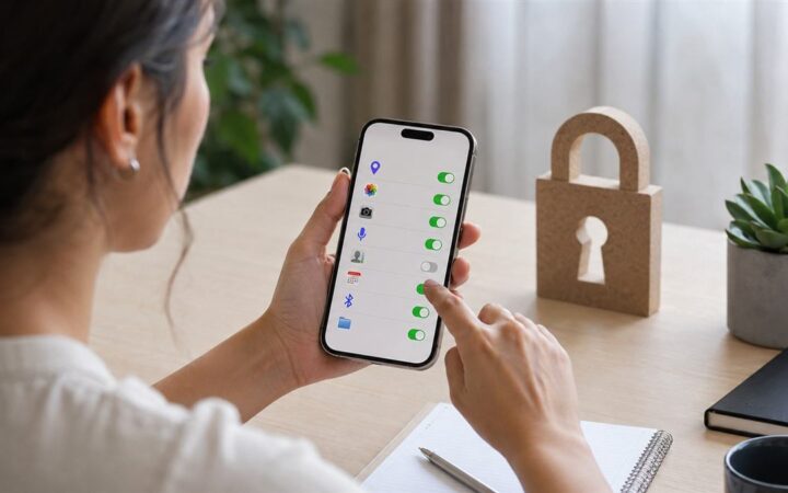 Persona revisa permisos de privacidad de una aplicación en un teléfono móvil