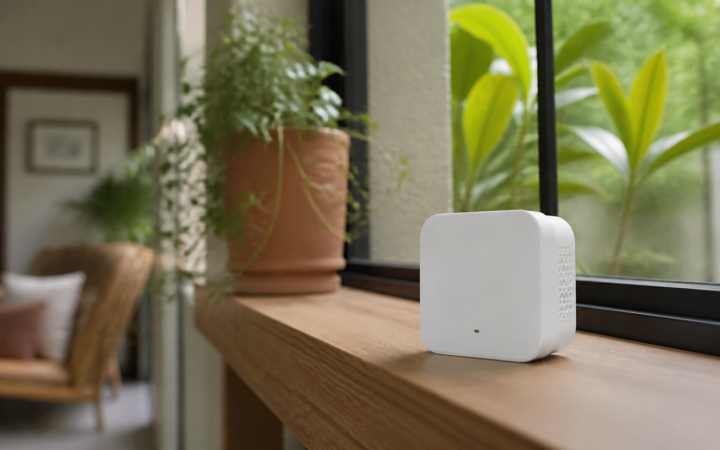 Sensor doméstico de calidad del aire sobre una mesa junto a una ventana y plantas de interior