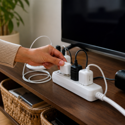 Sala doméstica con televisión, cargadores y multicontacto mientras una mano desconecta un aparato sin uso.