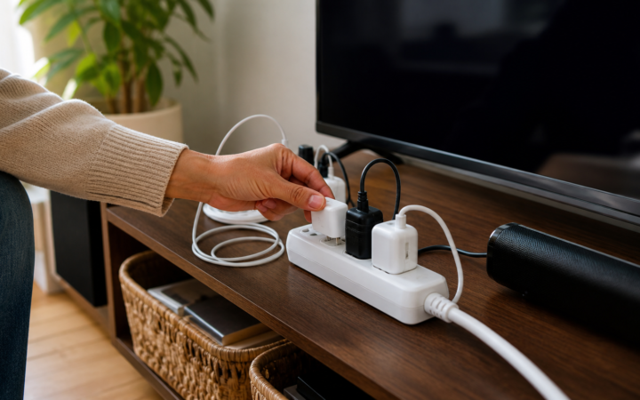 Sala doméstica con televisión, cargadores y multicontacto mientras una mano desconecta un aparato sin uso.