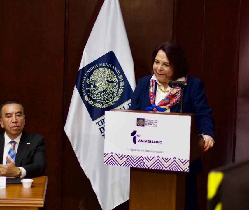 Celia Maya García durante su intervención en el primer aniversario del Tribunal de Disciplina Judicial