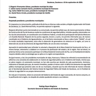 Carta del secretario general de Gobierno de Zacatecas dirigida a presidentes municipales sobre coordinación y seguridad pública