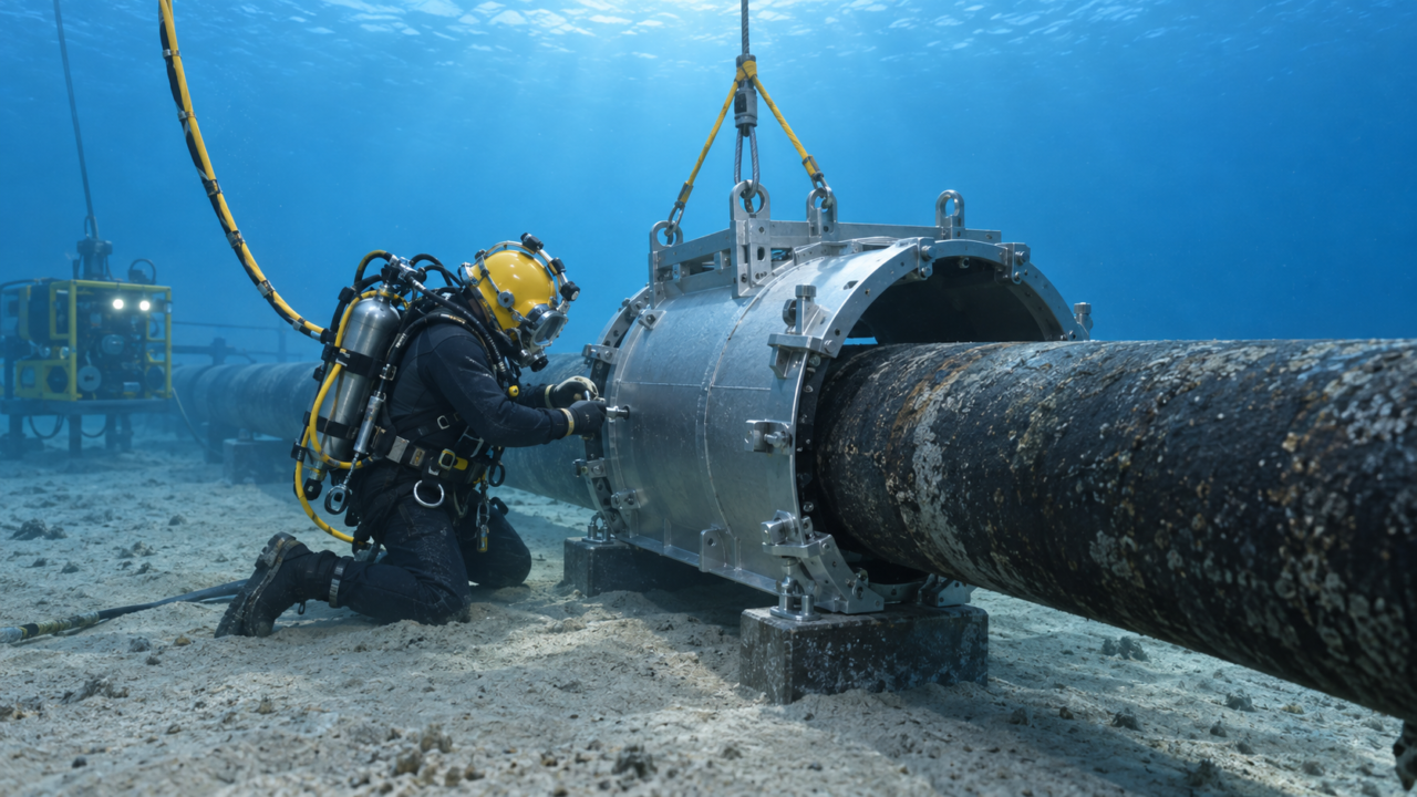 Buzo técnico trabaja junto a un ducto marino durante una operación de reparación submarina