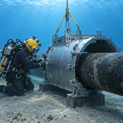 Buzo técnico trabaja junto a un ducto marino durante una operación de reparación submarina